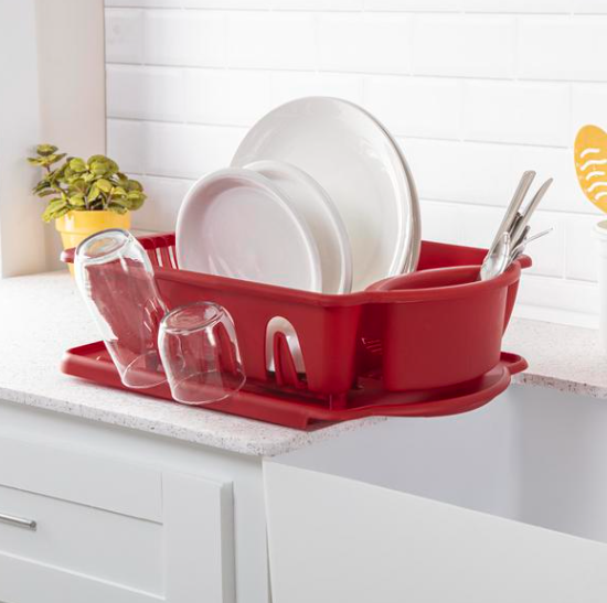 STERILITE 2-Piece Large Sink Set Dish Rack Drainer, Red