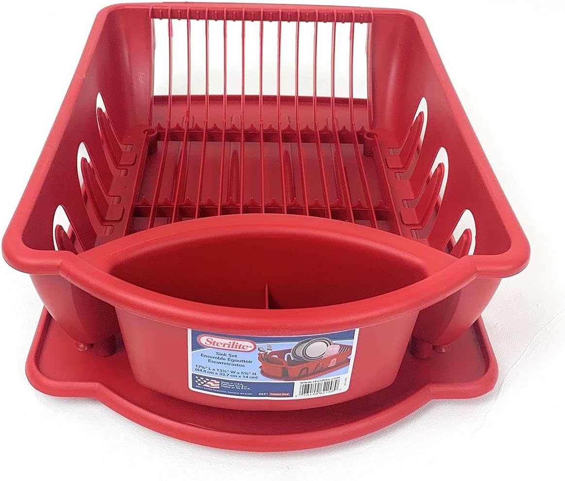STERILITE 2-Piece Large Sink Set Dish Rack Drainer, Red